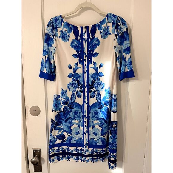 Eliza J Women’s Sheath Dress Blue Floral Knee Length 1/2 Sleeve Size 4 - Picture 3 of 9